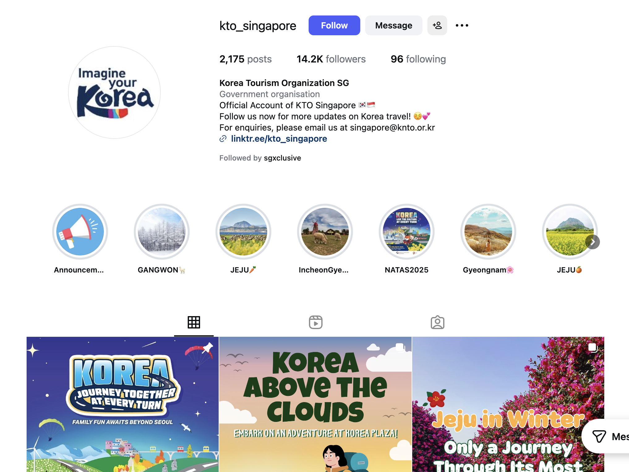 싱가포르에서 한국 여행지를 알리고 있는 한국관광공사 싱가포르 인스타그램 계정